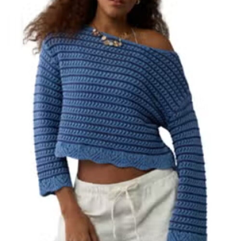 AE American Eagle Blue Off Shoulder Knit Sweater Large